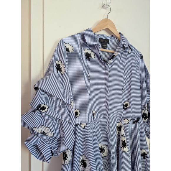 GRACIA Blue Stripe Floral Ruffle Sleeve Asymmetrical Shirt L Bold Statement Glam - Picture 4 of 11